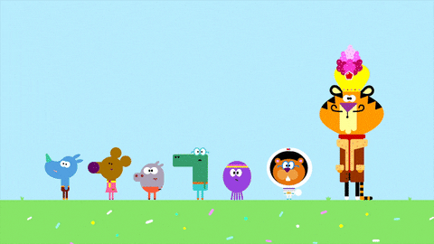 Cartoon gif. A group of animals from Hey Duggee, look shocked with their mouths open, and then all run in unison off screen. 