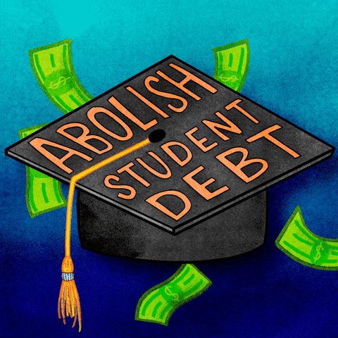 Digital art gif. Illustration of a black graduation cap with the words "Abolish student debt" printed in orange letters on top. The cap is surrounded by falling money, everything against an ombre blue background.