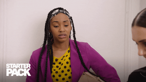 TV gif. Jasmine Luv as Ayana in Starter Pack. She looks at something and grimaces, turning her head away as she cringes.