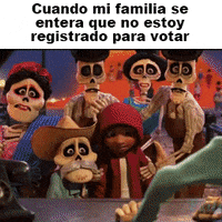 Digital art gif. Miguel from Coco surrounded by his ancestors, reveals himself to the undead customs agent who freezes, agape in shock, his jaw literally dropping off of his skull, then collapses, revealing Rapunzel from Tangled, mid follow-through on a cast iron pan. Text, "Cuando mi familia se entera que no estoy registrado para votar."