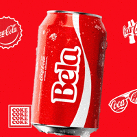 Sponsored gif. A red can of Coca-Cola with the name "Bela" floats up into frame and then floats back down out of sight. Coca-Cola logos on bottle caps and sunglasses are in the background.