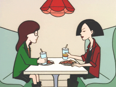 Cartoon gif. Daria and Jane in Daria. They're sitting at a pizza parlor and they clink soda cups before sipping on their straws.