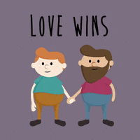 Digital art gif. Two animated men are smiling and holding hands and one of them leans over to kiss the other one on the cheek. Text, "Love wins."