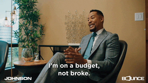 A man is saying the words, "I'm on a budget, not broke."