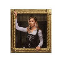 Sponsored sticker gif. Gold-framed portrait of Traitors cast member Gabby Windey tilts from side to side.