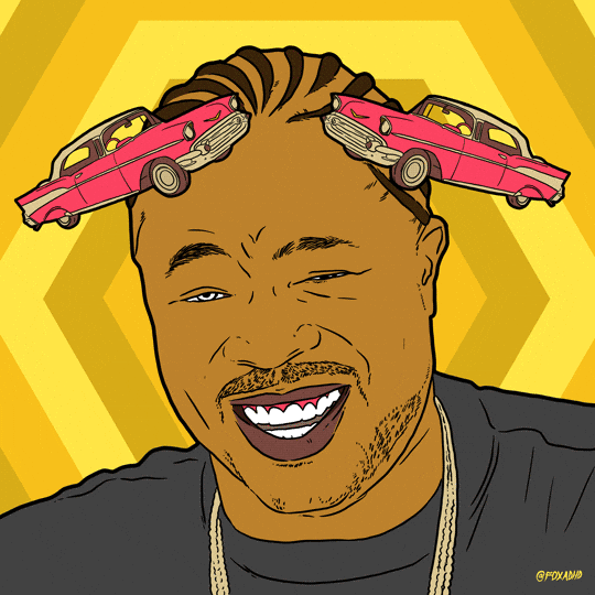 An animated version of Xzibit with two cars on his head