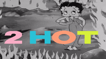 Cartoon gif. A black and white animation of Betty Boop fanning herself while surrounded by flames. Text, “2 hot.”