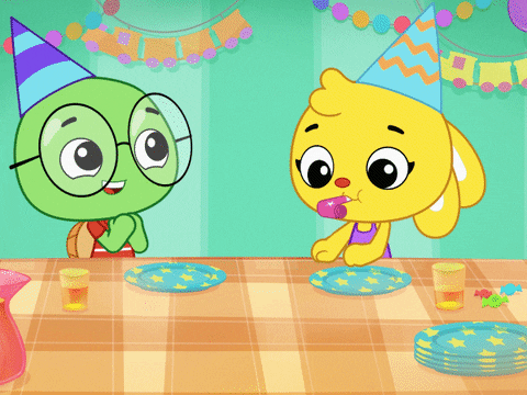 Cartoon gif. Turtle and a bunny wearing party hats sit at a table with bright party decorations all around them. The bunny blows a party horn and the turtle changes from clapping its hands to jolting back like its startled by the unwelcomed sound. 