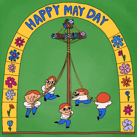 Illustrated gif. Five red-headed boys dance around a maypole each with a streamer in their hands, under a yellow arch painted with patchwork flowers that says, "Happy May Day."