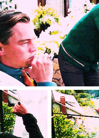 Celebrity gif. Leonardo DiCaprio is impatiently waiting, rocking in a back and forth in his chair while his hand rests on his chin. He stares intently out a window while someone draws the curtains back.