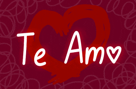 Text gif. Against a red background with a series of hand-drawn pink and red hearts reads the message, “Te Amo.”