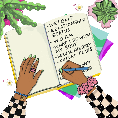 Digital art gif. Open notebook surrounded by succulents and smiley erasers, reads, "Weight, relationship status, work, what I do with my body, sexual history, future plans," hands with green polish complete the entry, "please do not cross this line."