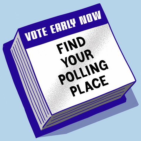 Illustrated gif. Royal blue one-a-day calendar on a misty blue background, each page torn off reading "Vote early now. Find your polling place."