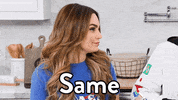 Celebrity gif. Youtuber Rosanna Pansino smiles and raises her hand, saying, “same.”