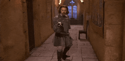 Movie gif. Mandy Patinkin as Inigo Montoya in The Princess Bride prepares to fight with a sword, then changes his mind, running away. Text reads, "Nope."