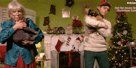 Video gif. Older woman and a younger man in festive attire awkwardly dance with a cat in each of their arms. The cats are wearing Christmas sweaters.