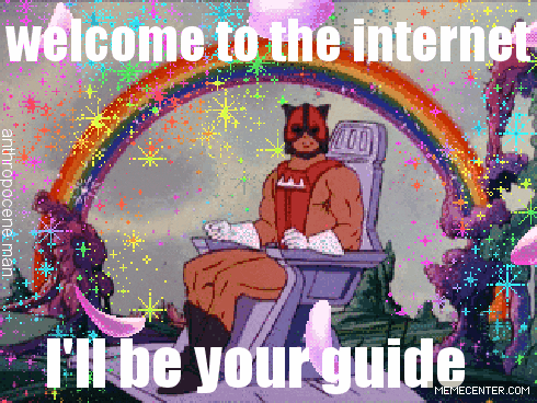 Meme gif. Zodac sits on a stone throne while looking at us, in an idyllic landscape below a full rainbow, as rainbow stars and sparkles and pink flower petals flutter across the scene. Text, "Welcome to the internet, I'll be your guide."