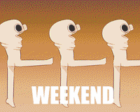 Cartoon gif. Big headed people with bright eyes and a bright smile spin around in a rainbow colored world. Text,. “Weekend.” The people then transform into gray sad people all hunched over all with one big lumpy foot. Text, “Weekdays.”