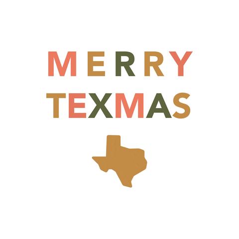 Text gif. Gold, green, and pink text on a white background reads, "Merry Texmas," above a gold silhouette of the state of Texas.