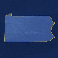Digital art gif. Denim-blue graphic of Pennsylvania on a bold blue background, yellow message within. Text, in Spanish, "Protega, nuestras, libertades, Vote Fetterman."