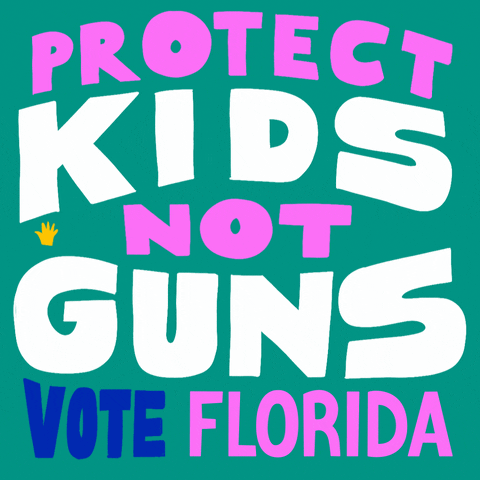 Text gif. Capitalized lilac and white text against a light green background reads, “Protect kids not guns, Vote Florida.” Six tiny hands appear in the center of the text.