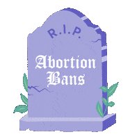 Digital art gif. Twinkling periwinkle headstone with small leaves gently waving. Text, "RIP abortion bans."