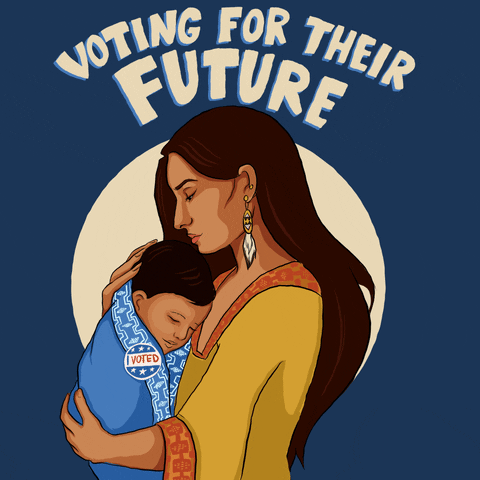 Illustrated gif. Indigenous woman spotlighted on a navy background, holding a baby close to her chest, the baby wearing an "I voted" sticker. Text, "Voting for their future."