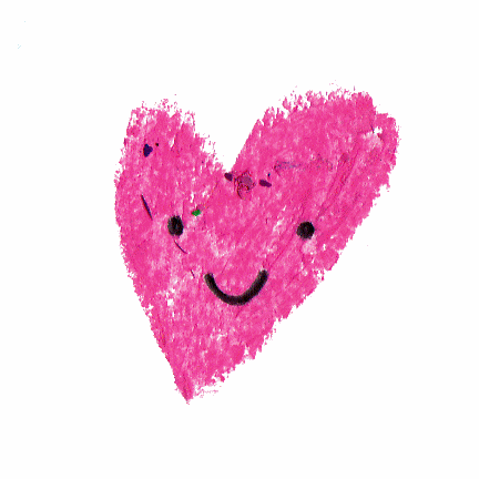 Stop motion gif. A pink heart drawn in crayon with black dots for eyes and a curved line for a mouth rapidly changes to a similar heart drawn in crayon of another color, then another, then another on a quick loop.