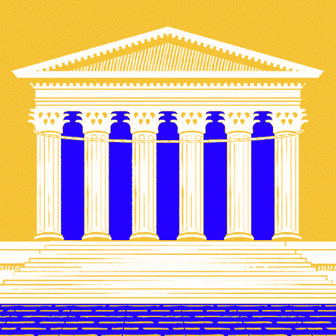 Illustrated gif. The Marble Palace on a yellow and cobalt background, a banner unfurls down its columns. Text, "Learn about Michigan's Supreme Court candidates at guides-dot-vote."