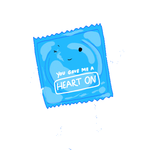 Digital art gif. Text "You gave me a heart on," across an unopened condom, who points and winks.