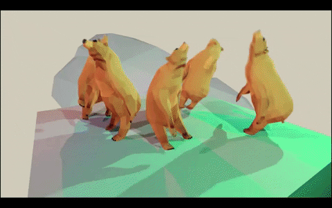 Illustrated gif. Five light brown bears dance in a floppy way on a colorful and quickly shifting dance floor.