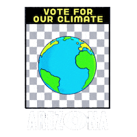 Digital art gif. Earth spins in front of a grey and white checkered background framed in a transparent box. Text, “Vote for the climate. Arizona.”