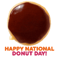 Sponsored sticker gif. Montage flashes through different donuts including a Boston creme, pink frosted with sprinkles, chocolate frosted with sprinkles, and white frosted with sprinkles. Pink and orange text below the donuts reads, “Happy National Donut Day!”