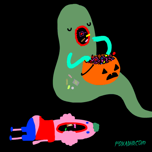 Cartoon gif. A green ghost is holding a bucket of candy and is tossing them carelessly into its mouth. Another pink character lays below it, catching all the fallen candy in their open mouth.