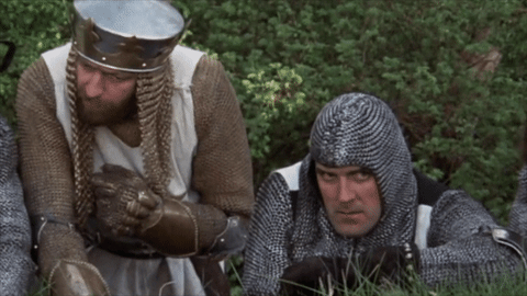 Movie gif. Two knights from Monty Python are hiding behind a bush and simultaneously put their hand over their faces when they hear annoying news.