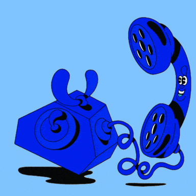Illustrated gif. Cobalt blue rotary phone floating off the hook and smiling, colorful cloud-like word bubbles emanating from the receiver read, "phone, bank, for, Warnock," and glistens.