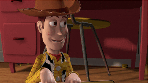 Movie gif. Woody from Toy Story grins sheepishly as he glances away bashfully.