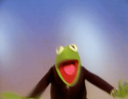 Muppets-gif.  Kermit de Kikker zwaait opgewonden met zijn armen in de lucht terwijl hij gek springt en hij grijnst met open mond naar ons.