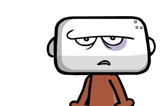 Cartoon gif. Caricature with a flat, rectangular gray head, a bruised purple eye, and a brown body shrugs unhappily while his singular forehead line sags right above his eyes. He says, "nope," which appears as text.