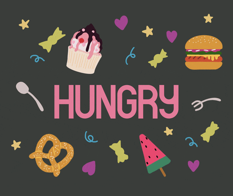 Digital art gif. The text in the center reads, "Hungry," and emoji pictures of food float around it, including a pretzel, pizza, fork, cupcake, watermelon, spoon, and candy.