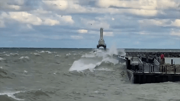 Strong Winds Churn Up Lake Michigan Waves at Port Washington