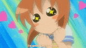 Anime. School girl is starry eyed at something adorable and her hands are clutched to her chest in yearning. She yells, "I'm gonna take you home!"