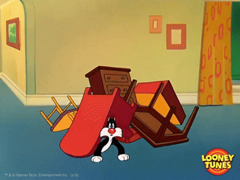 News MEI - Edição 17 - Gif do personagem Frajola - looney tunes - colocando diversos móveis em ordem