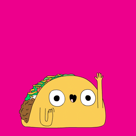 Digital art gif. A cute little taco with arms and hands raises a hand in the air while waving. They say, "Hello!" in a wide variety of languages.