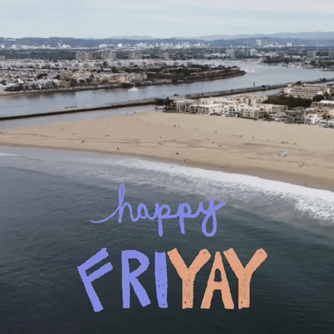 Video gif. Aerial of waves crashing onto a beach with a city looming in the distant background. Text, "Happy Fri-Yay."