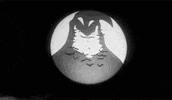 Movie gif. Shape of a shadowy smiling ghoul on a white moon-like disc in a dark sky dissolves into a flock of bats that fly toward us.