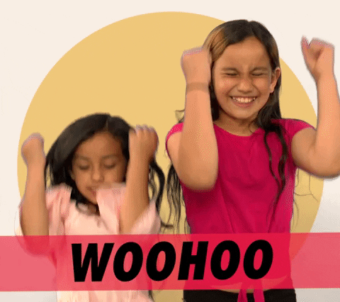 Video gif. Two excited little girls pump their fists victoriously. Text, "Woo Hoo!"