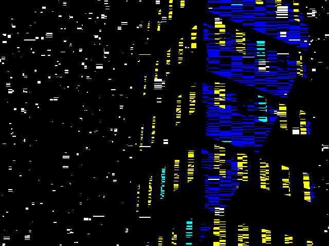 Digital gif. We continuously move up the side of a pixelated 3D skyscraper that glows against a black sky as snow falls around it.