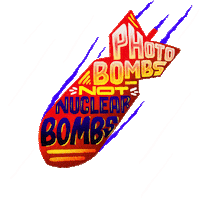 Digital art gif. Cartoon nuclear bomb hurtles through the air. Colorful, all-caps text inside the bomb reads, "Photobombs, not nuclear bombs."