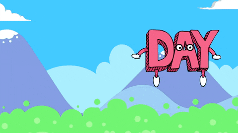 Text gif. Blocky, three-dimensional pink letters that read "DAY" has eyes and limbs that allow the text to land perfectly on the grass next to text that reads, "TUES." Both chunks of text turn blue and together read, "TUESDAY."